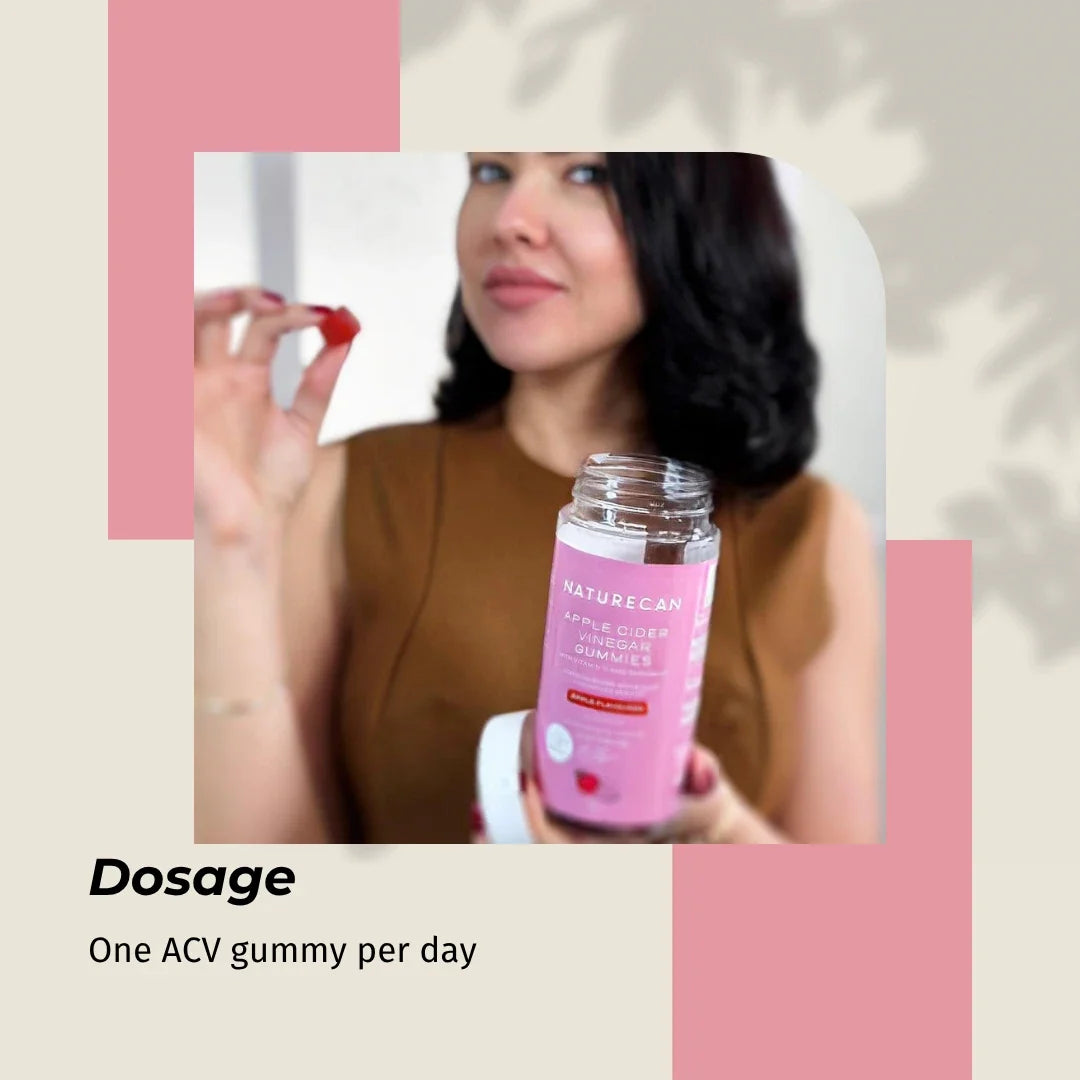Woman holding a bottle of Naturecan ACV gummies with text about dosage.