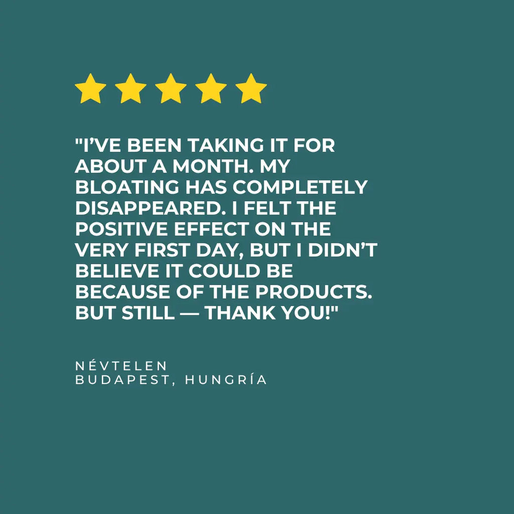 Five-star rating with a testimonial on a teal background