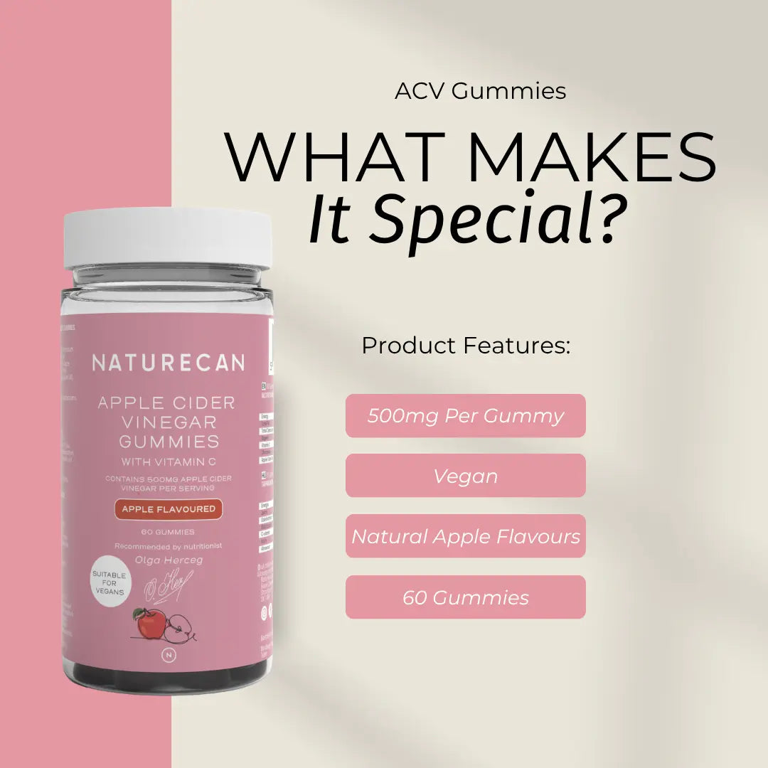 Naturecan ACV gummies packaging with product features on a pink and beige background