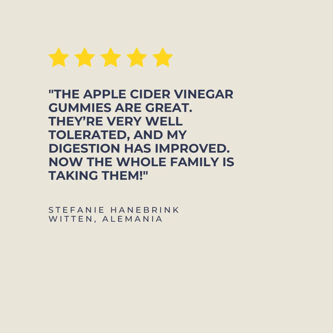 Five-star rating with a testimonial about apple cider vinegar gummies on a beige background